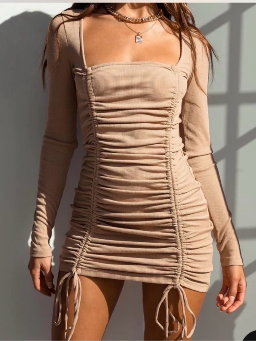 Princess Polly Beige Ruched Long-Sleeve Mini Dress